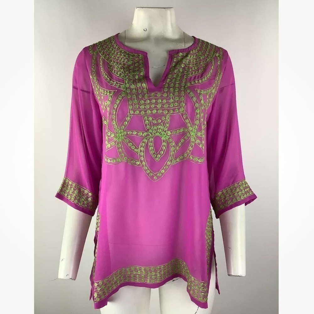Gretchen Scott Sz S Sheer Embroidered Tunic Swim Cover Top Pink Polyester